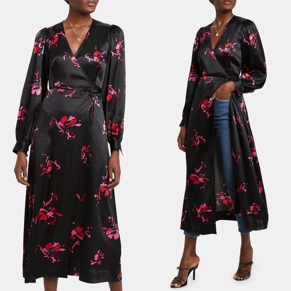 Ganni Dresses & Skirts - GANNI Women's Black Floral Print Satin Wrap Dress
